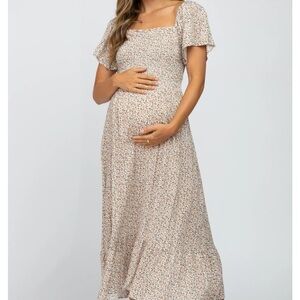 Pink Blush Ivory Floral Smocked Maternity Maxi Dress